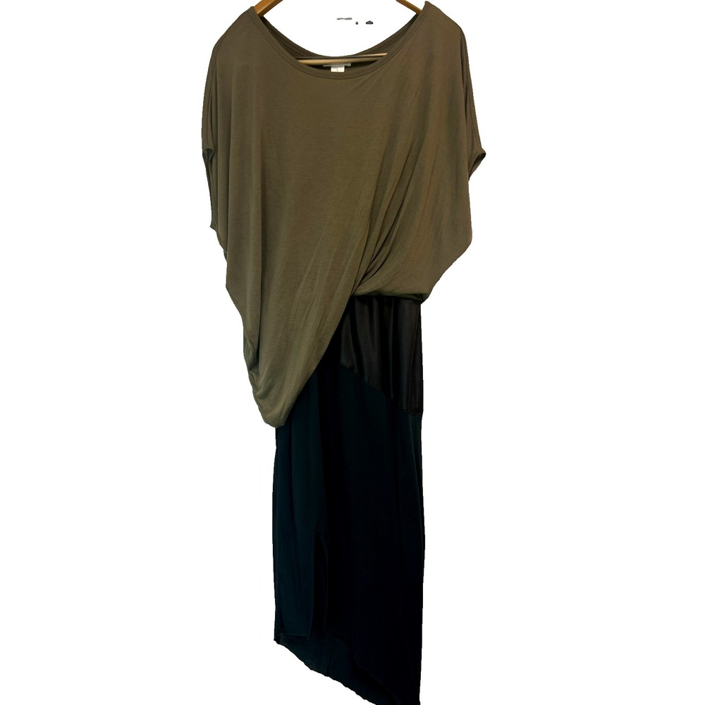 HELMUT LANG Asymmetric Drape Midi Dress Green Black Jersey Brown Vegan Leather S